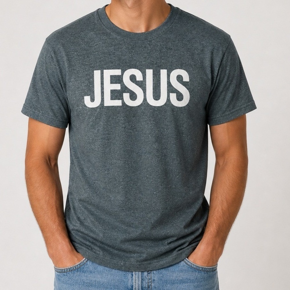 Gildan‎ Heathered Dark Blue "JESUS" T-Shirt Size Large